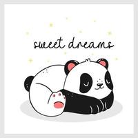 Cute sleeping panda with sweet dreams text in cartoon doodle style. Design of a children's card. Poster template for the nursery. Vector illustration.
