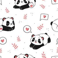 Seamless pattern with cute pandas and doodle-style hearts on a white background. Vector illustration background.