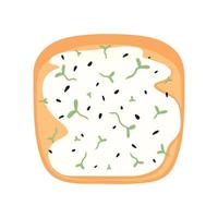 Sandwich with seeds, sprouts and curd cheese. Toast with vegetables. Vegetarian food. Vector illustration in cartoon style. healthy breakfast