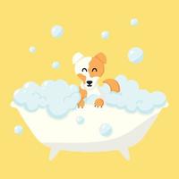 Dog in a bubble bath. Pet care. Bathing the dog in the bathroom. Vector illustration in cartoon style.