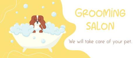 Grooming salon. Banner for grooming salon. Vector illustration in cartoon style. Cute spaniel in a bubble bath. Pet care.