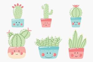 Set of cacti in kawaii style. Vector illustration. Cute cacti in pots.