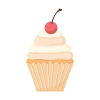 Delicious beautiful cupcake with cream and cherry. Muffin with whipped cream. Appetizing dessert for birthdays, weddings and other holidays. Logo for bakeries. Vector illustration.