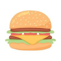 Juicy burger. Delicious hamburger with tomato. Vector illustration in cartoon style.