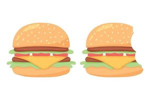 Juicy burger. Delicious hamburger with tomato. Vector illustration in cartoon style. A whole and bitten burger.