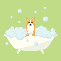 Dog in a bubble bath. Pet care. Bathing the dog in the bathroom. Vector illustration in cartoon style.