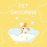 Grooming salon. Banner for grooming salon. Vector illustration in cartoon style. Cute jack russell in a bubble bath. Pet care.
