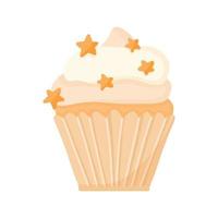 Delicious beautiful cupcake with cream and star sprinkles. Muffin with whipped cream. Appetizing dessert for birthdays, weddings and other holidays. Logo for bakeries. vector illustration.
