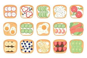 conjunto de sándwiches con verduras. tostadas con huevos, tomates, camarones, pescado, pepinos, aguacate. un conjunto de sándwiches con frutas y bayas. vector illustration.healthy desayunos.