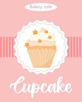 Banner with Delicious beautiful cupcake with cream and stars. Poster with Muffin with whipped cream. Flyer for bakeries and pastry shops. vector illustration.