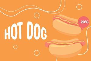 Poster with Hotdog. Banner with Bun with sausage and mustard. fast food. Vector illustration in cartoon style. Flyer for street food.