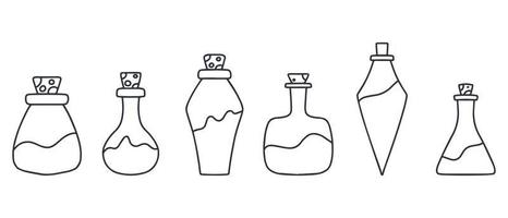 A set of magical bottles. A set of jars of poison. Vector illustration. Doodle style.