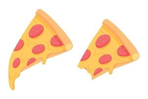 Piece of pizza with salami. Pepperoni pizza. Isolated slice of pizza on a white background. Vector illustration. Whole and bitten pizza.