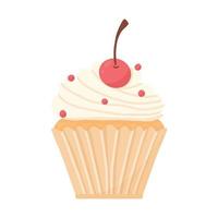 delicioso cupcake hermoso con crema y cereza. panecillo con crema batida. postre apetitoso para cumpleaños, bodas y otras fiestas. logotipo para panaderías. ilustración vectorial vector
