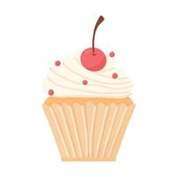 Delicious beautiful cupcake with cream and cherry. Muffin with whipped cream. Appetizing dessert for birthdays, weddings and other holidays. Logo for bakeries. Vector illustration.