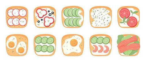 Set of sandwiches with vegetables. Toast with eggs, tomatoes, shrimp, fish, cucumbers, avocado. Vector illustration. Healthy breakfasts.