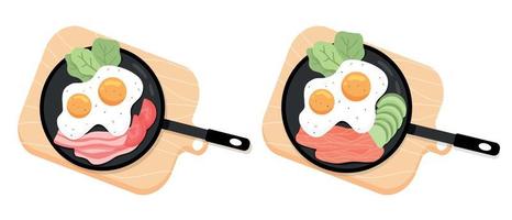 A set of scrambled eggs in a frying pan. Fried eggs with bacon and vegetables. Omelette with fish and avocado. Vector illustration.