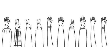 Set of raised hands. A group of diverse human weapons. The concept of the international volunteer community. Teamwork, collaboration, voting, volunteer concert. Doodle style. Vector illustration