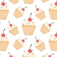 sin fisuras con cupcake y cereza. sin fisuras con muffin con crema. ilustración vectorial en estilo de dibujos animados. vector