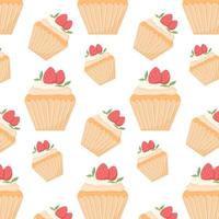 Pattern with cupcake and strawberries. pattern with bun and cream. Vector illustration in cartoon style.