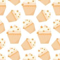 Pattern with cupcake and stars.  pattern with bun and cream. Vector illustration in cartoon style.