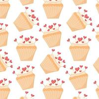 Pattern with cupcake and hearts.  pattern with bun and cream. Vector illustration in cartoon style.