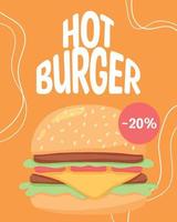 Poster with juicy burger. Banner with delicious hamburger with tomatoes. Vector illustration in cartoon style.