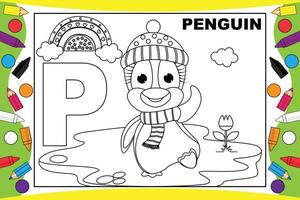 coloring penguin cartoon with alphabet for kids vector