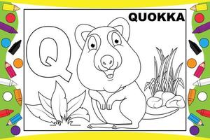 colorear dibujos animados de quokka con alfabeto para niños vector