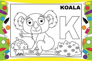 colorear dibujos animados de koala con alfabeto para niños vector