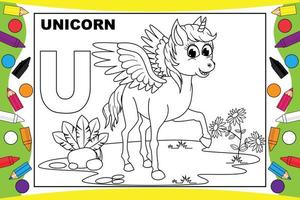 colorear dibujos animados de unicornio con alfabeto para niños vector