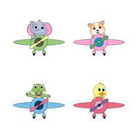 cute animal cartoon with plane illustration design vector