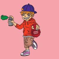 cartoon bad boy with sprayer and poop bag in hand vector
