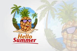 Hello Summer Vector Logo Template. Pineapple Fruit illustration is logo suitable for any entertainment business, health, fruits, beverage, vegetables, beach club, restaurants, agencies, design studios