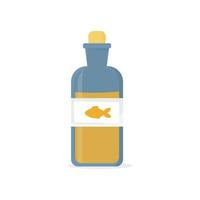 fish fat. Isolated image. Glass bottle with cork. Label with silhouette of goldfish. Food supplement omega 3-6-9. Vector illustration, flat