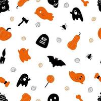 halloween patten seamless. On white background pumpkin, lollipop, spider, skull, ghosts. Stylish ornament in minimalistic design. Printing on fabric and paper. Vector hand drawn illustration