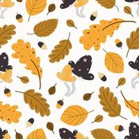 autumn trees pattern. Leaf fall seamless background. Stylized leaves of oak, beech, birches. Ripe mushrooms and acorns. design for fabric, digital paper, scrapbooking. Vector hand drawn illustration