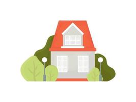 two-storey house is isolated. cottage with red roof, large windows, lanterns on lawn. Nice, cozy house. Universal design for various purposes. Vector illustration, flat