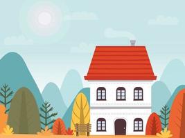 house on background of autumn landscape. Two-storey building in mountains. Themed postcard. Outdoor recreation advertising. Bright, colored foliage. Vector illustration, flat