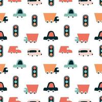 child truck pattern. Seamless background with cute lorry and traffic lights. Minimalistic design. Vector illustration, hand-drawn