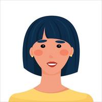 portrait of smiling girl. avatar of woman. cartoon character. brunette with square haircut. Vector illustration, flat