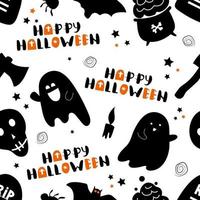 halloween patten seamless. On white background pumpkin, lollipop, spider, skull, ghosts. Stylish ornament in minimalistic design. Printing on fabric and paper. Vector hand drawn illustration