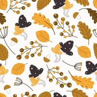 autumn trees pattern. Leaf fall seamless background. Stylized leaves of oak, beech, birches. Ripe mushrooms and acorns. design for fabric, digital paper, scrapbooking. Vector hand drawn illustration