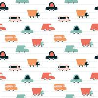 child truck pattern. Seamless background with cute lorry and traffic lights. Minimalistic design. Vector illustration, hand-drawn