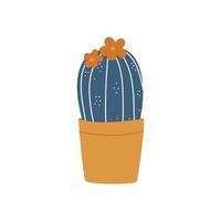 Blooming cactus isolated image. Indoor plant in pot. Stylized image. Original clip art. Modern color palette sticker, logo. Vector illustration, hand-drawn