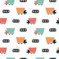 child truck pattern. Seamless background with cute lorry and traffic lights. Minimalistic design. Vector illustration, hand-drawn