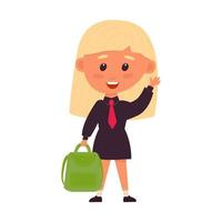 girl with blond hair in school uniform. Holds backpack. Cartoon character. Isolated image of schoolgirl on white background. Back to school. Vector illustration, flat