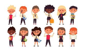 set of 12 students. Cute cartoon characters. Boys and girls in school uniforms. Back to school. Vector illustration, flat