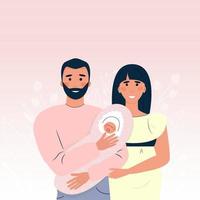 family with newborn baby. bearded man holds baby in blanket. woman hugs her husband. Universal design for blogs, advertisements, postcards. Vector illustration, flat