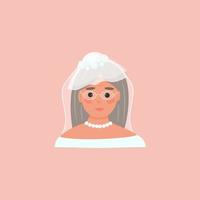 Profile of an elderly woman in white dress. Grandma gets married. Wedding image. Universal design for blogs, postcards, articles. Vector illustration, flat